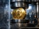 Bitcoin coin being compressed by an industrial press, symbolizing market stress as recession signals suggest a major test for Bitcoin ahead