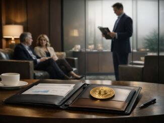 Bitcoin on a financial desk during a client meeting illustrates Morgan Stanley’s imminent MSBT launch and its potential impact on Bitcoin ETF economics