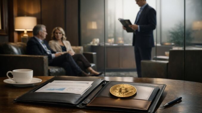 Bitcoin on a financial desk during a client meeting illustrates Morgan Stanley’s imminent MSBT launch and its potential impact on Bitcoin ETF economics