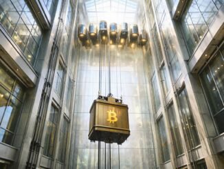 Bitcoin elevator rising inside a glass atrium as select crypto tokens approach all-time highs faster than BTC