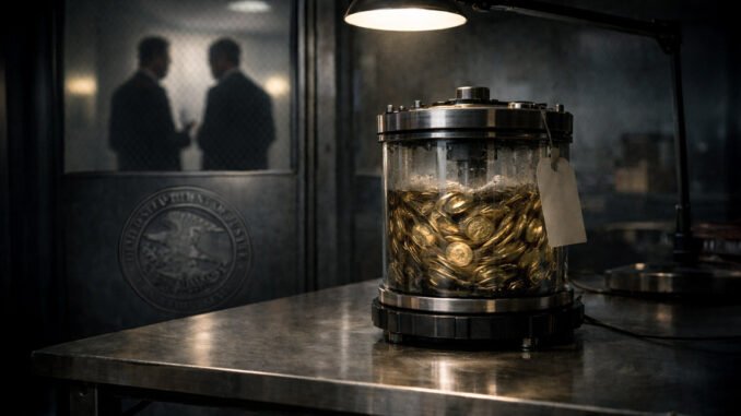 Sealed container filled with crypto coins on a metal table inside a government office, symbolizing prosecutors seeking to retry the Tornado Cash founder despite recognition that crypto mixers can have legal uses