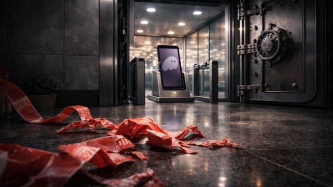 Torn red tape on the floor outside an open vault with a crypto wallet terminal inside, symbolizing regulatory barriers removed and direct access to derivatives markets