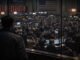 Crowded trading floor viewed from behind a lone observer, symbolizing retail investors facing market imbalance as institutional players dominate outcomes