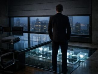 Executive overlooking city skyline above a visible blockchain infrastructure beneath the office floor, symbolizing reduced SEC transparency as institutions gain exposure to public blockchains