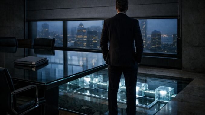 SEC could make quarterly reports optional: what investors lose Executive overlooking city skyline above a visible blockchain infrastructure beneath the office floor, symbolizing reduced SEC transparency as institutions gain exposure to public blockchains