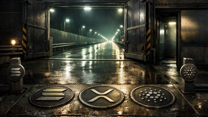 Open regulatory gate revealing a clear path ahead, with Solana, XRP, and Cardano emblems embedded in the roadway as a separate lane signals emerging space for crypto privacy tech