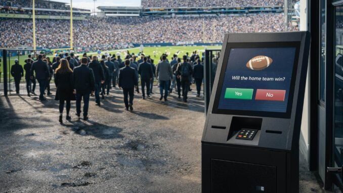 Sports blew up prediction markets. Now it could destroy them Crowd entering a packed stadium beside a sports prediction kiosk highlights how booming demand for betting markets could strain and destabilize the industry