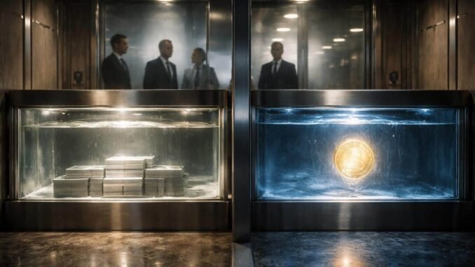 Bank vault display splits insured cash from a separate crypto token tank, illustrating FDIC limits on stablecoin insurance and how banks could quickly leverage the divide