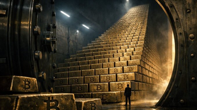 Massive vault stacked with gold Bitcoin bars rising like a pyramid as a lone figure looks on, illustrating rapid accumulation toward a potential 1 million BTC strategy driven by STRC