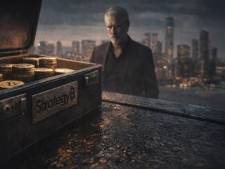 Bitcoin mining scene with a large BTC embedded in rock and industrial rigs in the background, symbolizing Strategy accumulating 66,231 Bitcoin in 68 days as STRC quietly funds the buying surge