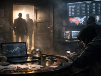 Trader using a phone at a betting table with market charts on screens as shadowy figures enter the room, illustrating insider risks and manipulation concerns in prediction markets acknowledged by the CFTC