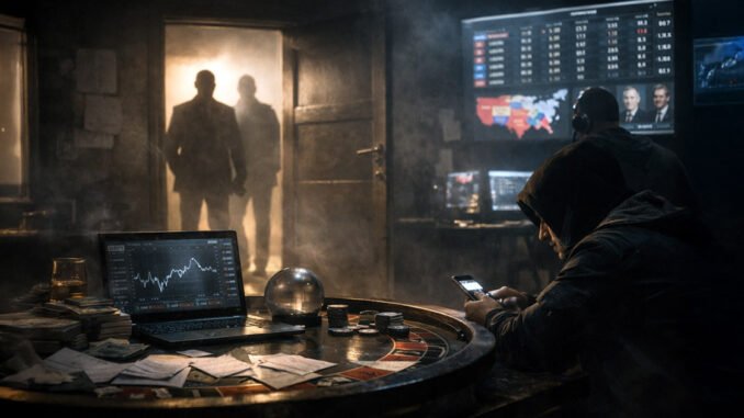 The CFTC starts crackdown on the growing insider problem in Trader using a phone at a betting table with market charts on screens as shadowy figures enter the room, illustrating insider risks and manipulation concerns in prediction markets acknowledged by the CFTC
