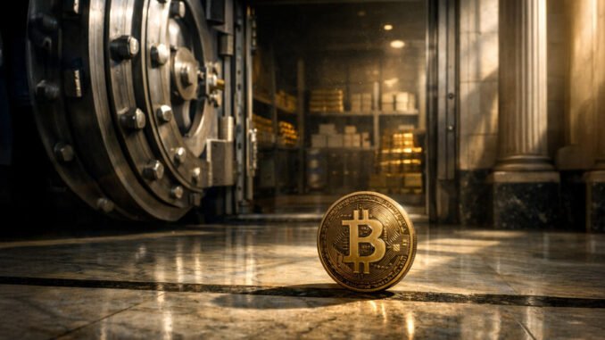 The Fed is readying to punish banks for holding Bitcoin Binance coin on a boardroom table beside a cracked glass panel and a newspaper, symbolizing legal pressure and shifting media scrutiny surrounding the latest lawsuit against Binance