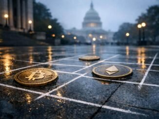 Bitcoin and Ethereum coins on a grid near the US Capitol, reflecting uncertain SEC policy gains that could still be reversed