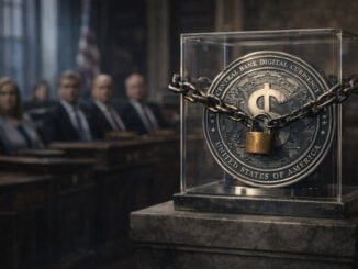 Central bank digital currency coin locked in a glass case with chains inside a Senate hearing room, symbolizing lawmakers voting to block a US CBDC through 2030