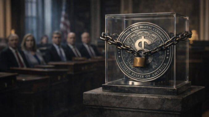 The Senate just moved to block a CBDC through 2030, Central bank digital currency coin locked in a glass case with chains inside a Senate hearing room, symbolizing lawmakers voting to block a US CBDC through 2030