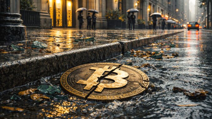 Cracked Bitcoin coin in a rain-soaked curbside gutter outside a financial district building as Wall Street continues on unfazed