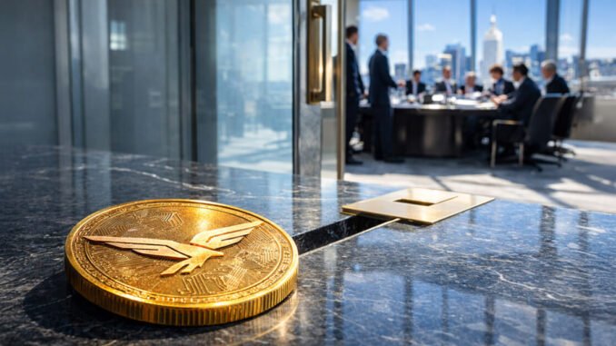 Trump-backed WLFI sells $5 million access while pitching finance for WLFI cryptocurrency coin placed on a boardroom table outside a high-level executive meeting, symbolizing the Trump-backed project offering guaranteed direct access to investors for $5 million