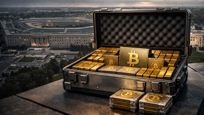 Briefcase filled with gold bars and Bitcoin in front of the Pentagon, symbolizing a $200 billion Iran war bill equated to millions of BTC