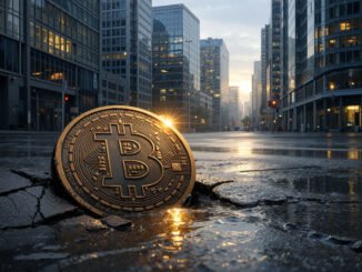 Bitcoin coin resting in a cracked city street at sunrise, reflecting a drop to $65,000 followed by early signs of recovery in the new trading week