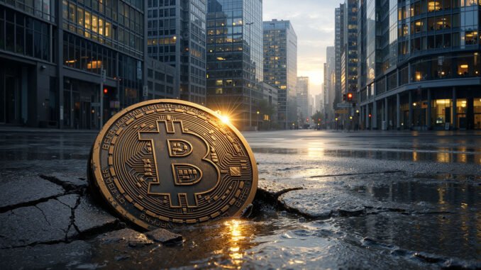 Bitcoin coin resting in a cracked city street at sunrise, reflecting a drop to $65,000 followed by early signs of recovery in the new trading week