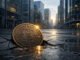 Bitcoin coin resting in a cracked city street at sunrise, reflecting a drop to $65,000 followed by early signs of recovery in the new trading week