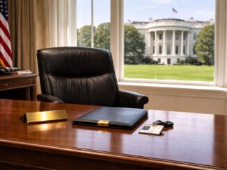 Empty White House office desk and chair overlooking the West Wing lawn, symbolizing the crypto czar’s departure after policy wins for banks and institutions over Bitcoin