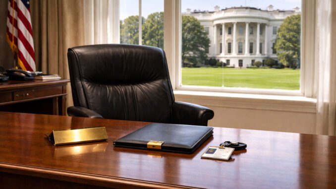 Empty White House office desk and chair overlooking the West Wing lawn, symbolizing the crypto czar’s departure after policy wins for banks and institutions over Bitcoin