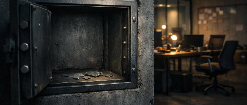 Open empty safe with scattered fragments in a dim office, symbolizing the lasting impact of crypto hacks even after funds are gone