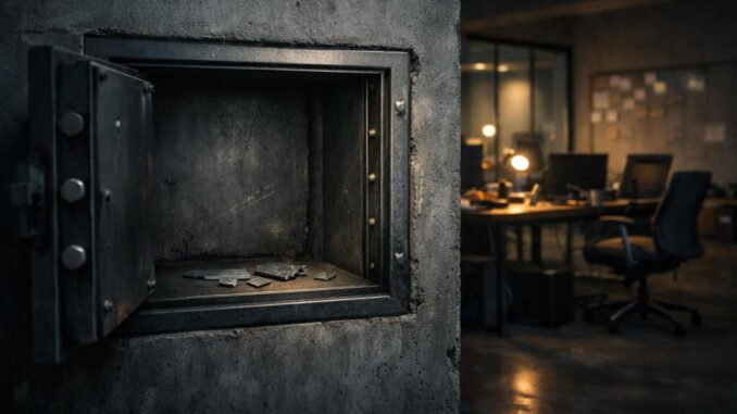 Why crypto hacks don't end and continue even when the Open empty safe with scattered fragments in a dim office, symbolizing the lasting impact of crypto hacks even after funds are gone