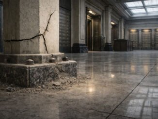 Cracked stone pillar inside a grand financial hall, symbolizing mounting stress in the normally safe 2-year Treasury market