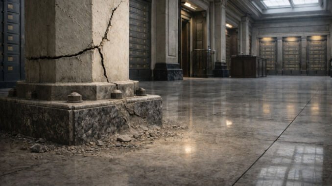 Cracked stone pillar inside a grand financial hall, symbolizing mounting stress in the normally safe 2-year Treasury market