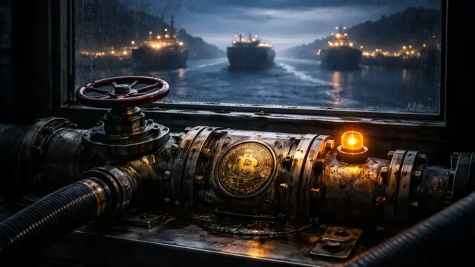 Two executives moving a secured XRP-branded case down a hallway, symbolizing a 78% collapse in XRP leverage while $1.4 billion in ETF inflows remains tied to Ripple’s expanding footprint