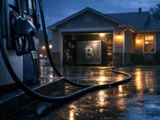 Gas pump connected to a home garage with a Bitcoin safe, symbolizing how rising fuel costs and mortgage rates are impacting Bitcoin holders
