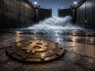 Bitcoin symbol on a wet industrial floor as floodgates surge ahead, illustrating the dollar squeeze holding back BTC despite rising global money supply