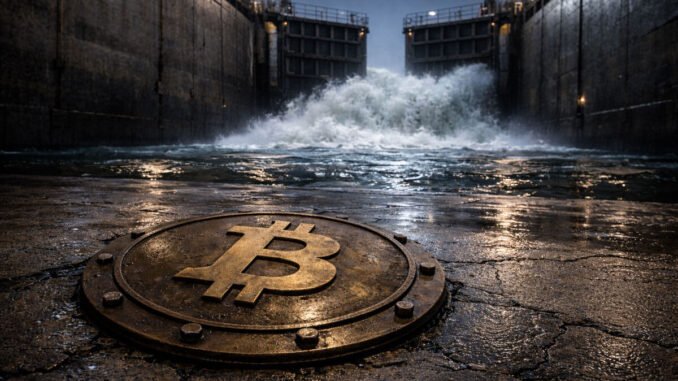 Bitcoin symbol on a wet industrial floor as floodgates surge ahead, illustrating the dollar squeeze holding back BTC despite rising global money supply