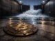 Bitcoin symbol on a wet industrial floor as floodgates surge ahead, illustrating the dollar squeeze holding back BTC despite rising global money supply