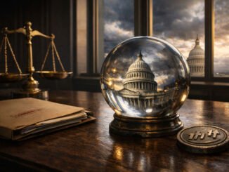 US Capitol reflected in a glass sphere on a desk with legal scales and documents, symbolizing the CFTC lawsuit to assert federal control over crypto prediction markets