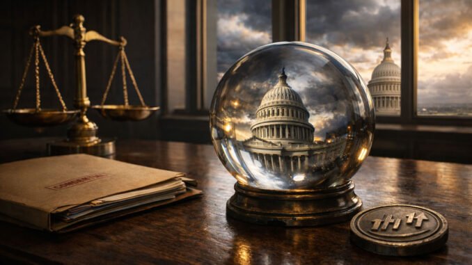CFTC sues 3 states in bid to redefine crypto prediction US Capitol reflected in a glass sphere on a desk with legal scales and documents, symbolizing the CFTC lawsuit to assert federal control over crypto prediction markets