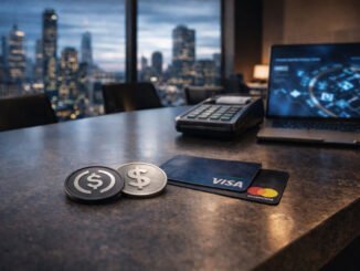 Stablecoin tokens beside Visa and Mastercard cards on a payment desk, illustrating coexistence rather than direct competition in modern payment systems