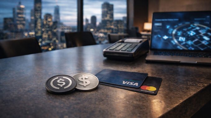 Stablecoin tokens beside Visa and Mastercard cards on a payment desk, illustrating coexistence rather than direct competition in modern payment systems