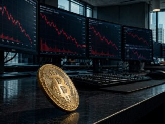 Bitcoin coin on a trading desk before multiple screens showing sharp red market declines, reflecting global market stress as the FSB warns of a double or triple whammy from private credit