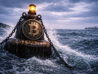 Bitcoin buoy riding rough seas with a distant ship, reflecting April’s strong gains while a looming Fed date threatens to reverse the rally