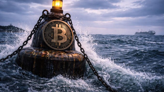 Bitcoin buoy riding rough seas with a distant ship, reflecting April’s strong gains while a looming Fed date threatens to reverse the rally