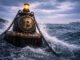 Bitcoin buoy riding rough seas with a distant ship, reflecting April’s strong gains while a looming Fed date threatens to reverse the rally