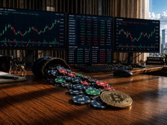 Bitcoin coin beside spilled trading chips on a desk with crypto market charts, symbolizing retail money potentially flowing into Bitcoin after the SEC removed the $25,000 day trading barrier