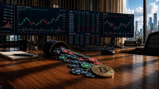 Bitcoin coin beside spilled trading chips on a desk with crypto market charts, symbolizing retail money potentially flowing into Bitcoin after the SEC removed the $25,000 day trading barrier
