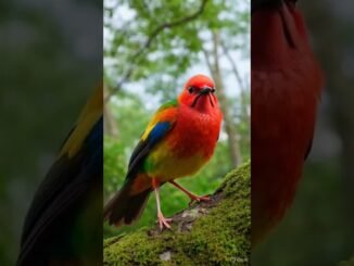 Scarlet bird alighting on a jungle tree. Grok AI art.