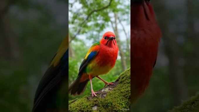 Scarlet bird alighting on a jungle tree. Grok AI art.
