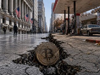 Bitcoin coin lodged in a deep crack between Wall Street and a rundown gas station street, symbolizing fragile markets as record highs clash with collapsing consumer confidence